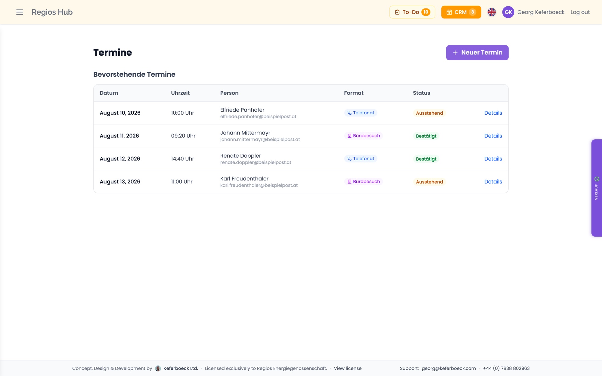 Appointment management fed by the public booking page