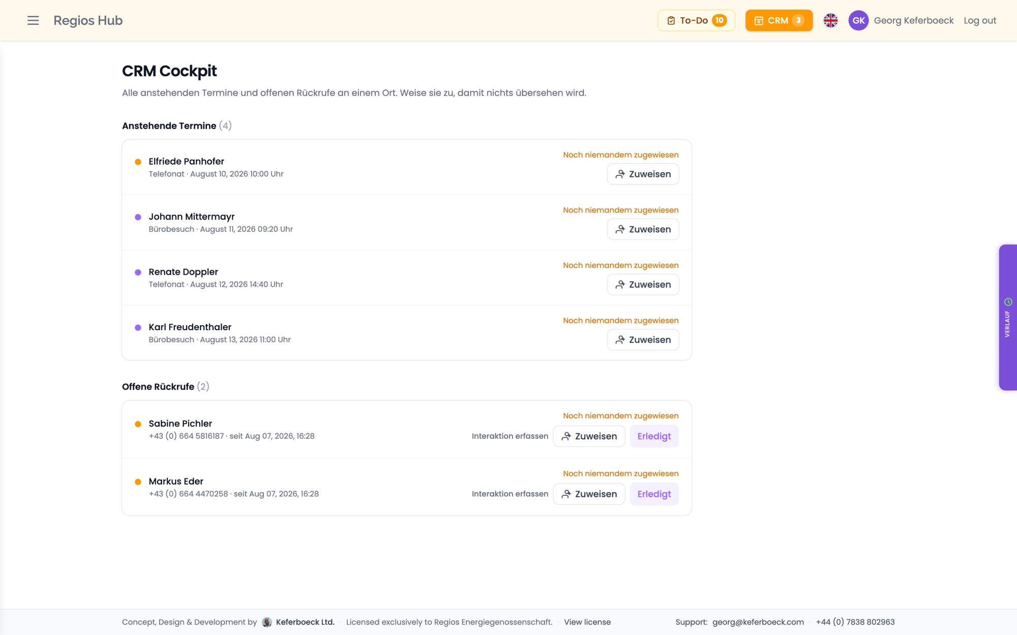 The CRM cockpit: upcoming appointments and open callbacks with urgency