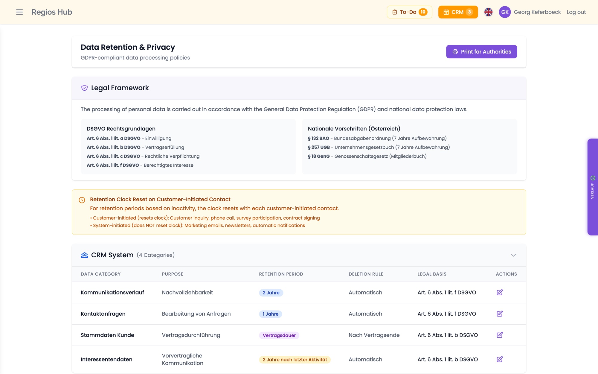 Retention policies per system and category, with legal basis and deletion rule
