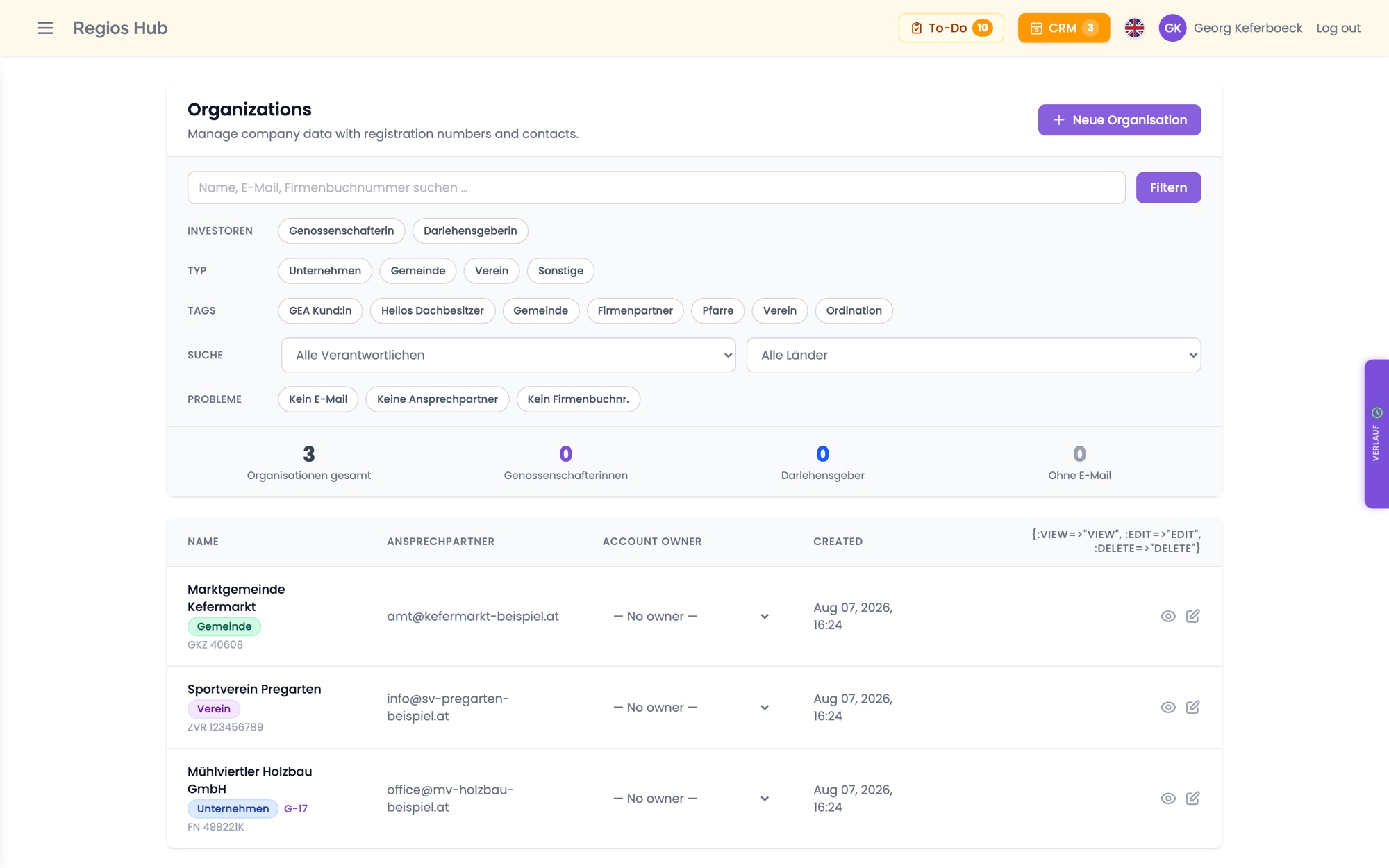 Organisation management with types, identifiers and problem filters